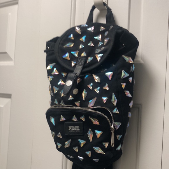 victory secret pink Women’s Black Mini Backpack with Large Gem Stones - Picture 2 of 16